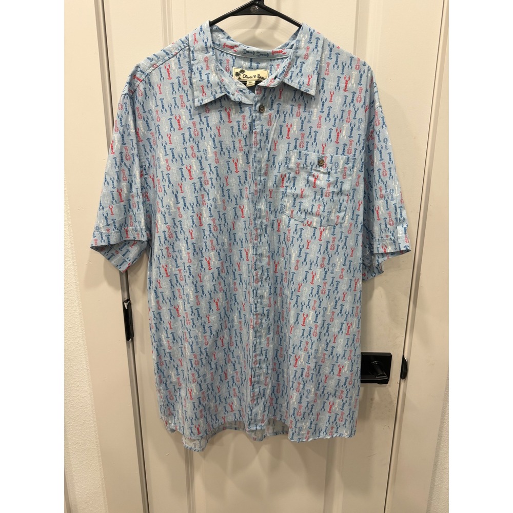 Oliver & Burke Mens XXL Short Sleeve Button‎ Up Shirt Lobster Print Blue Red